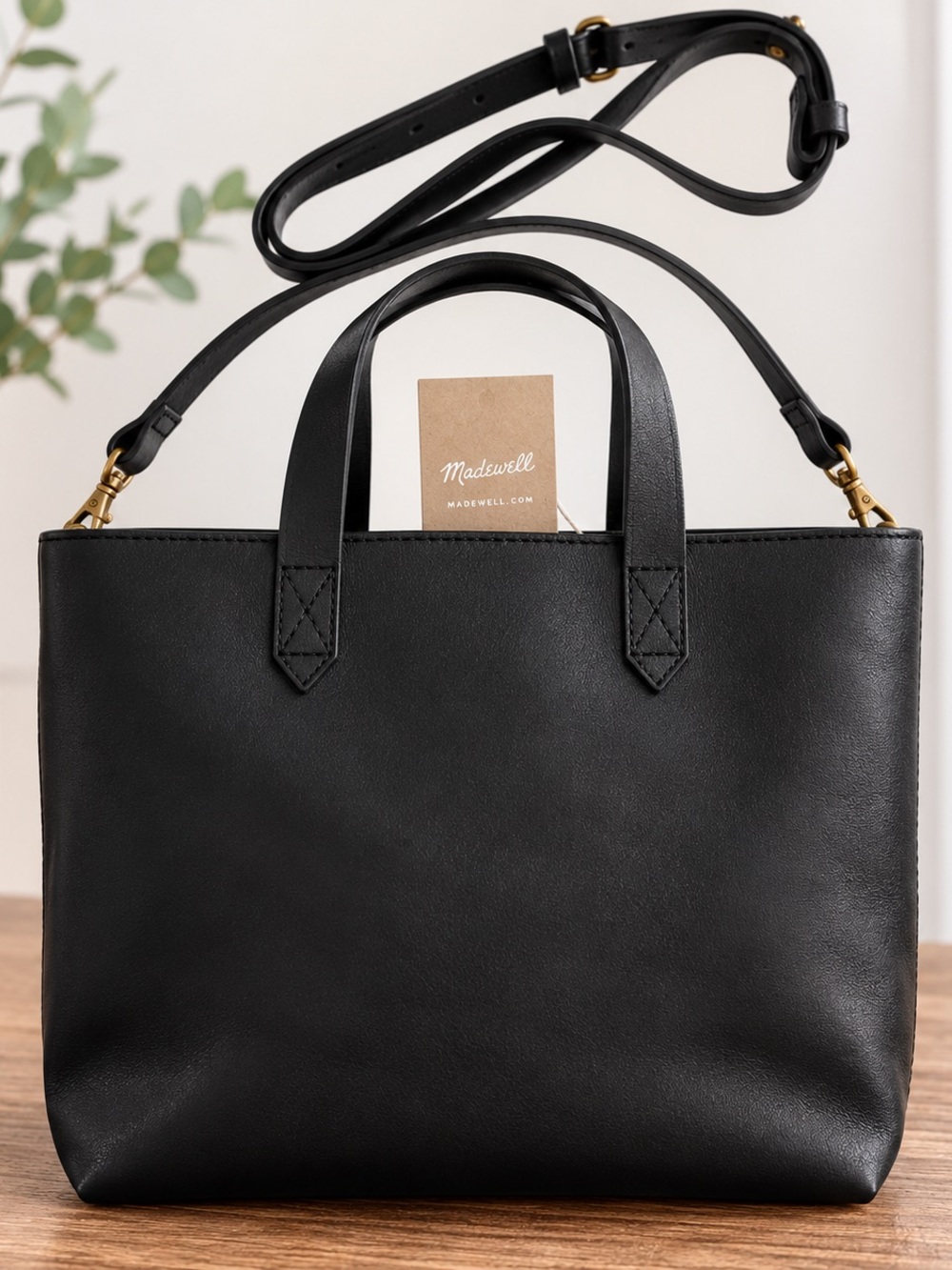 Madewell Black Leather Tote with Gold Hardware